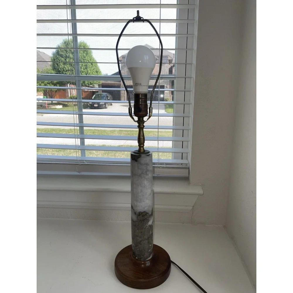 Vintage MCM Marble / Granite Lamp‎ With Wood Base & Lamp Shade